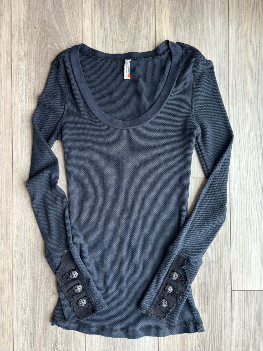 RARE Free People Moto Cuff Thermal Black Waffle-Knit Scoop Neck Long Sleeve
